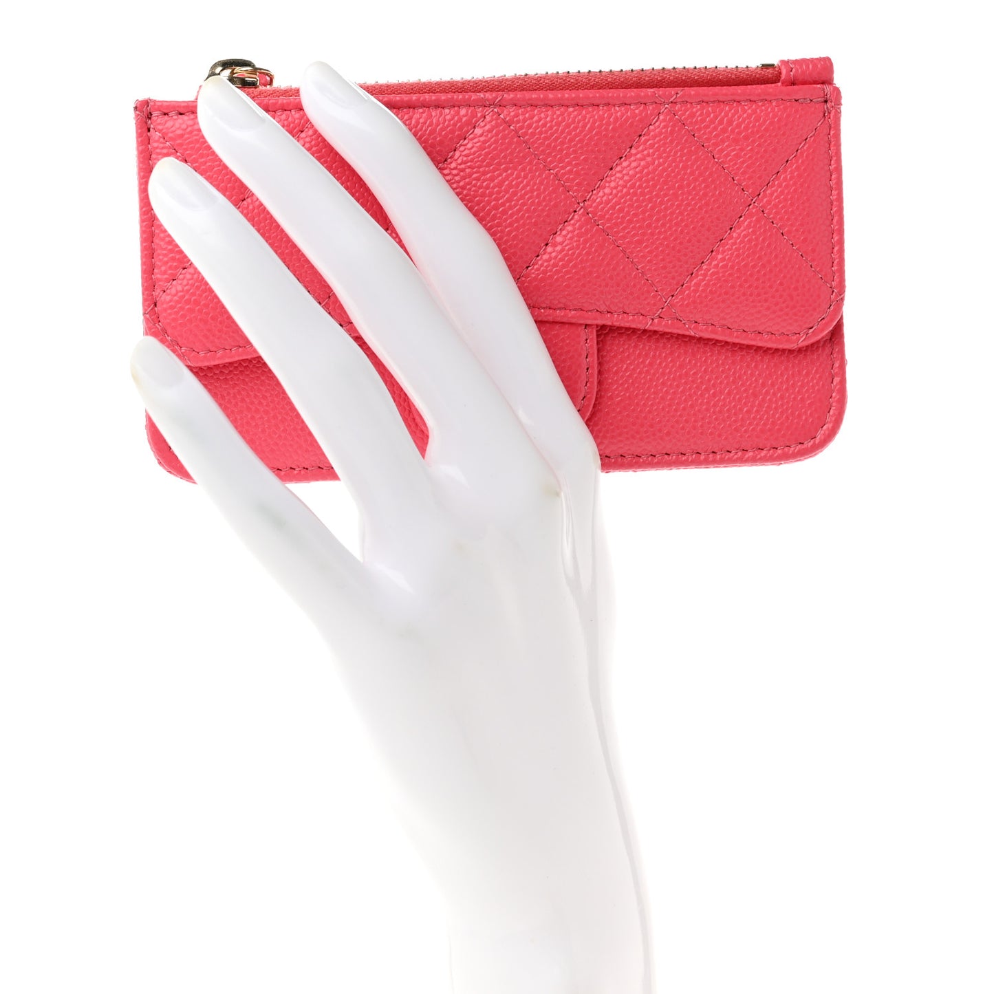Caviar Quilted Flap Zip Card Holder Dark Pink