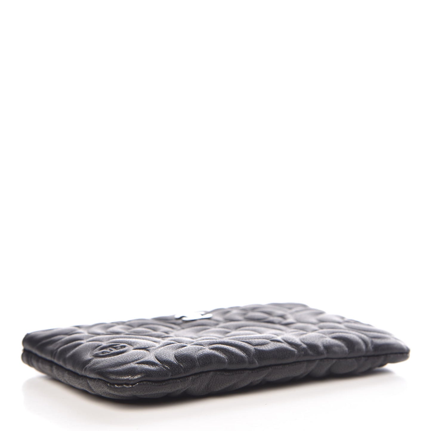 Goatskin Camellia Embossed Cosmetic Pouch Black
