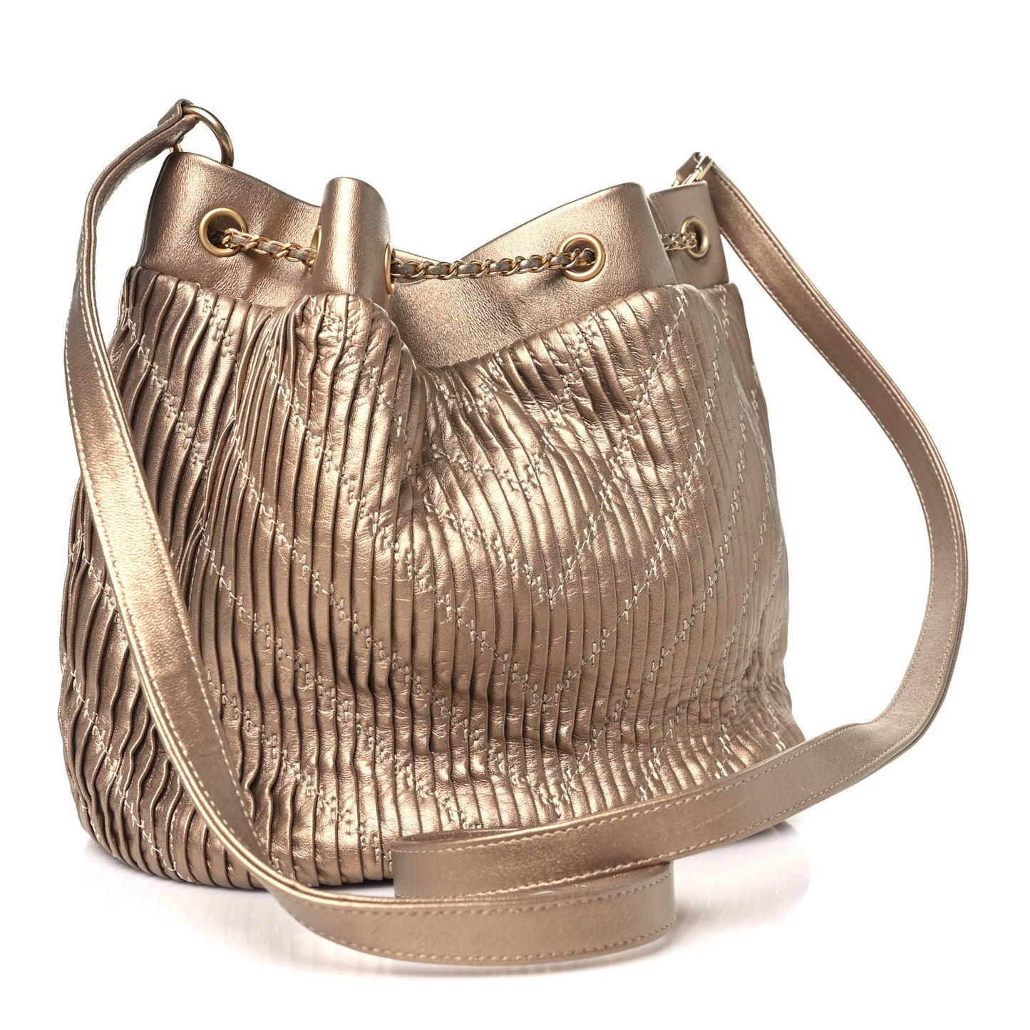 Metallic Lambskin Coco Pleats Drawstring Bag Gold