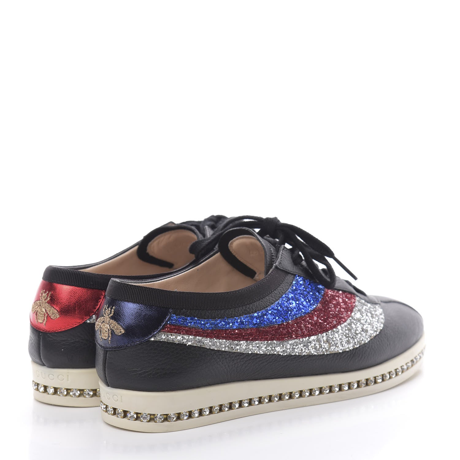 Gucci Calfskin Glitter Crystal Womens Sylvie Web Falacer Sneakers 39.5 Black 4 of 7