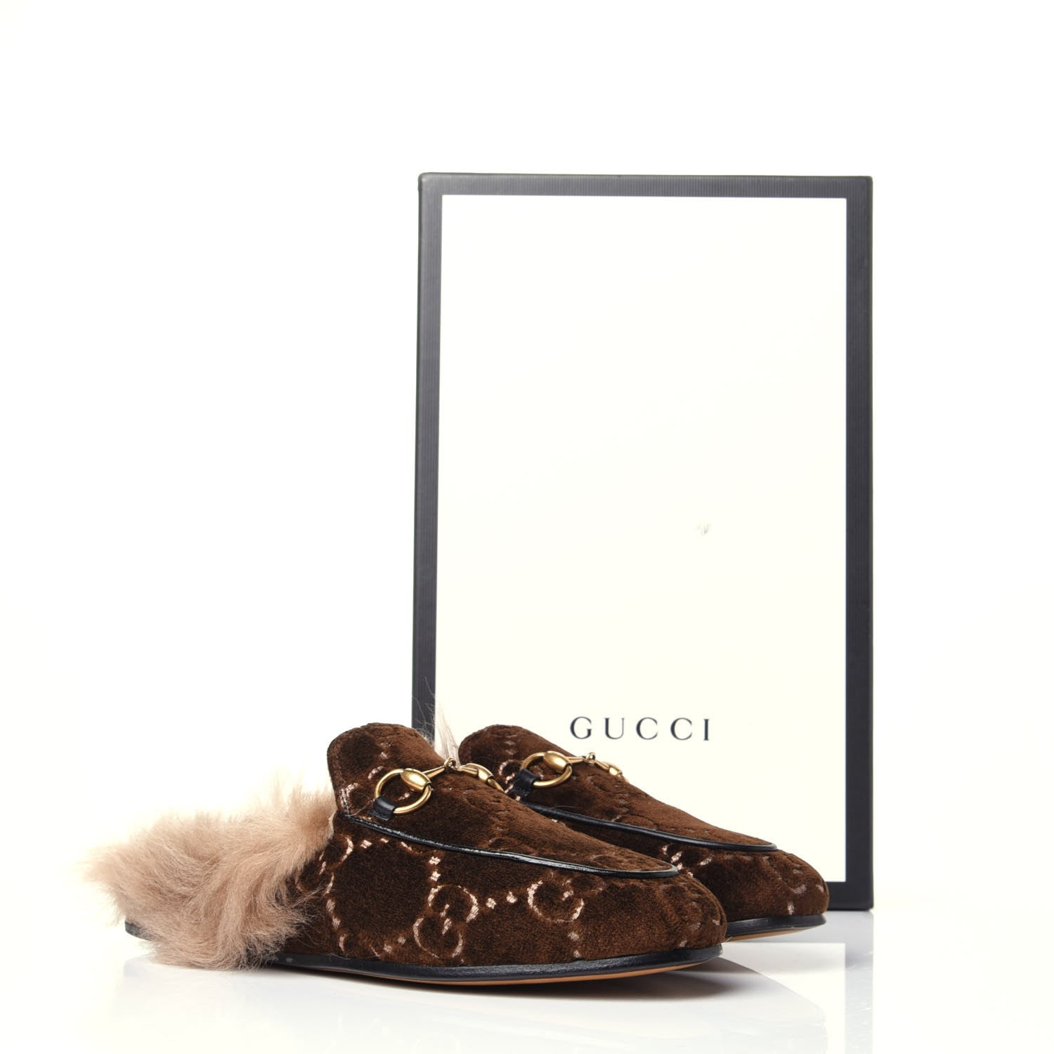 Gucci Velvet GG Monogram Fur Womens Princetown Slippers 35 Brown Black Natural 10 of 10