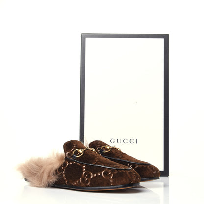 Gucci Velvet GG Monogram Fur Womens Princetown Slippers 35 Brown Black Natural 10 of 10