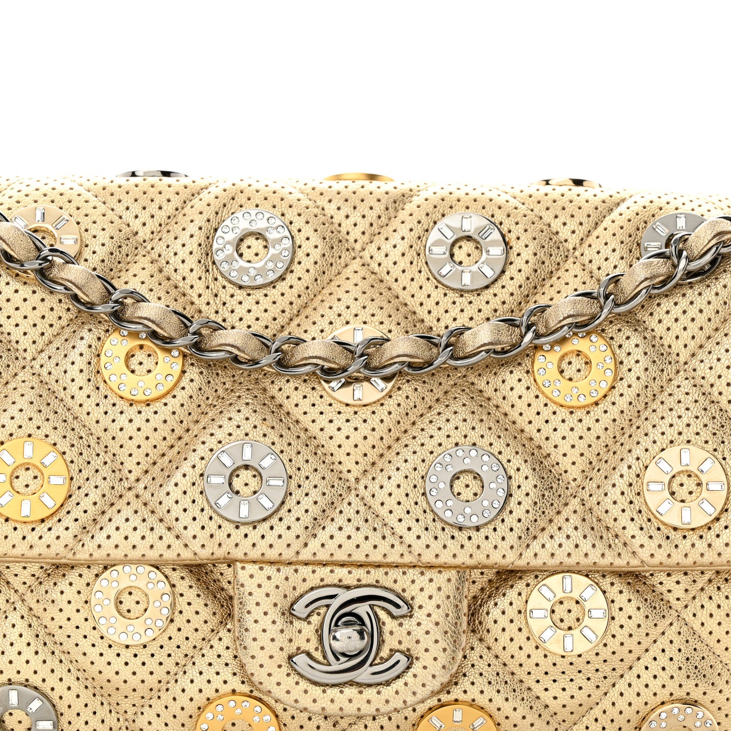 Perforated Metallic Lambskin Jumbo CC Medals Flap Gold
