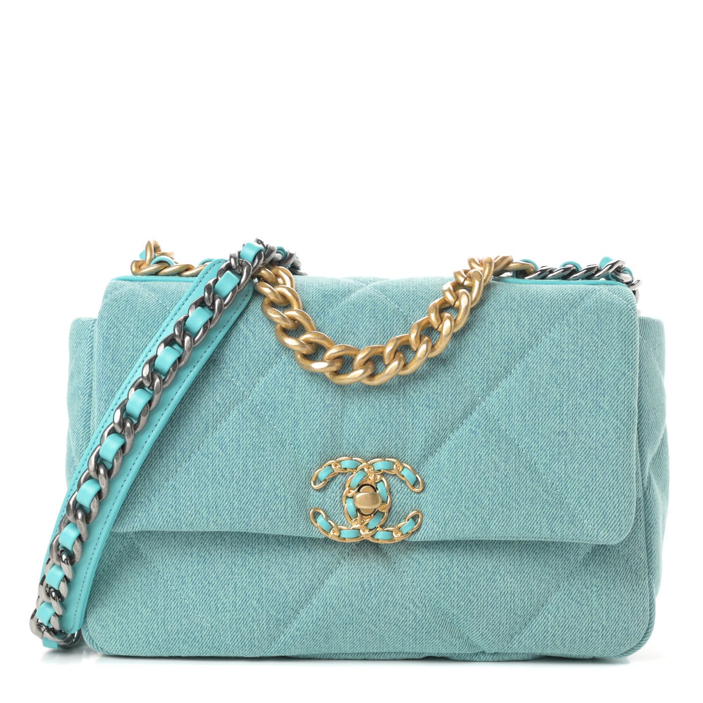 Denim Quilted Medium Chanel 19 Flap Neon Blue