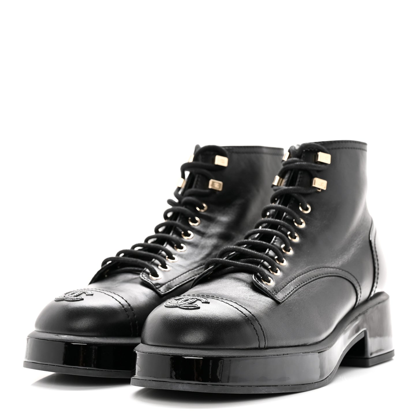 Shiny Calfskin Patent Lace Up Combat Short Boots 42 Black