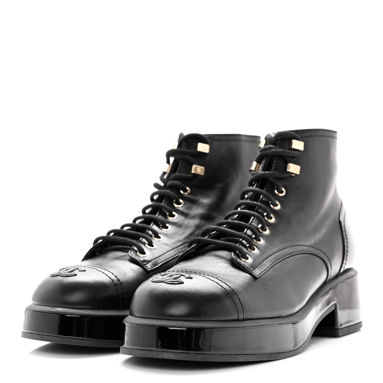 Chanel Shiny Calfskin Patent Lace Up Combat Short Boots 42 Black 3 of 12