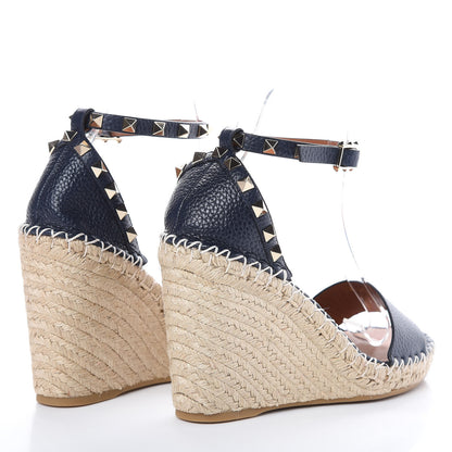Valentino Garavani Grained Calfskin Rockstud Ankle Strap Espadrille Wedge Sandals 38 Navy 4 of 7