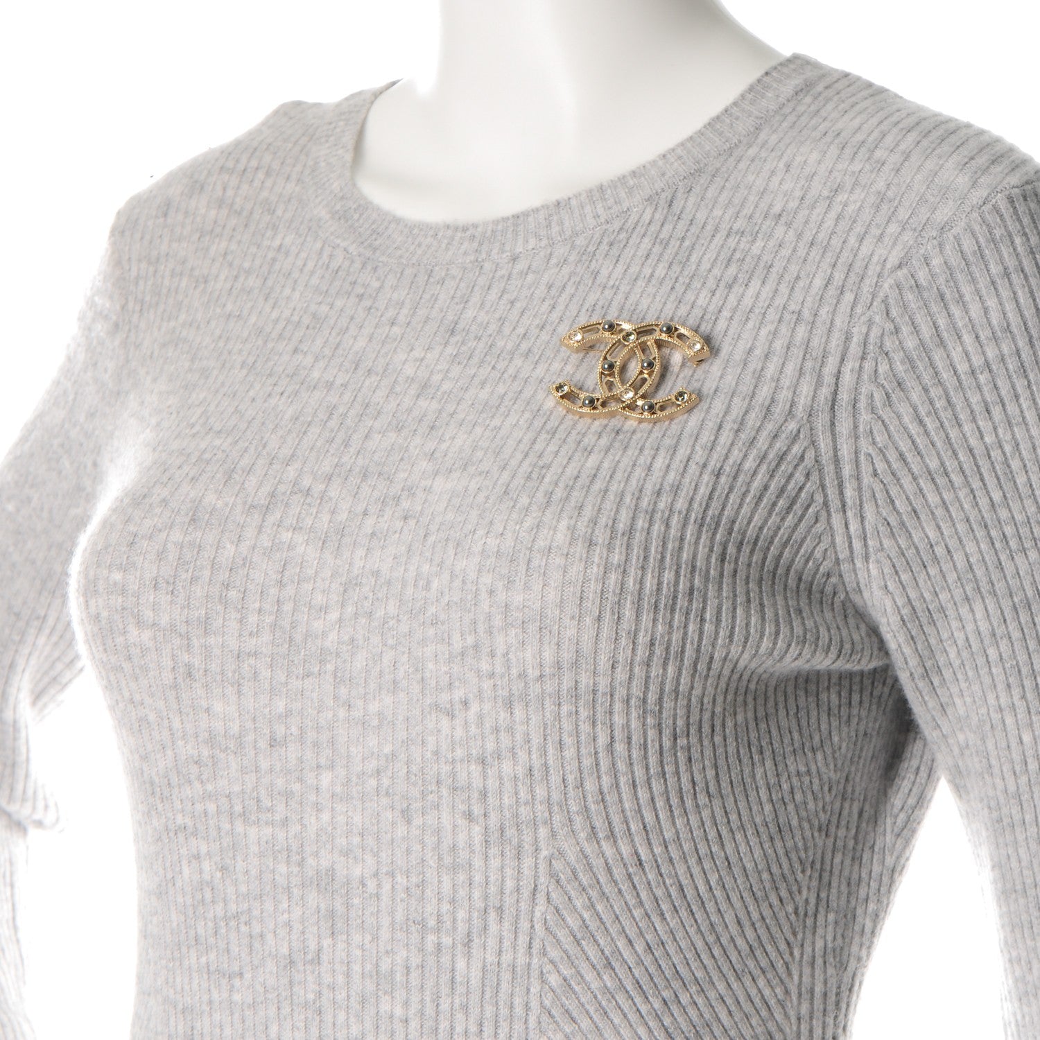 Chanel Pearl Crystal CC Brooch Gold Grey 2 of 4