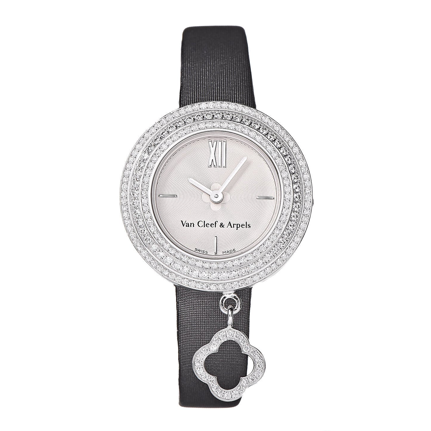 18K White Gold Satin Diamond Pave Bezel 25mm Charms Quartz Watch