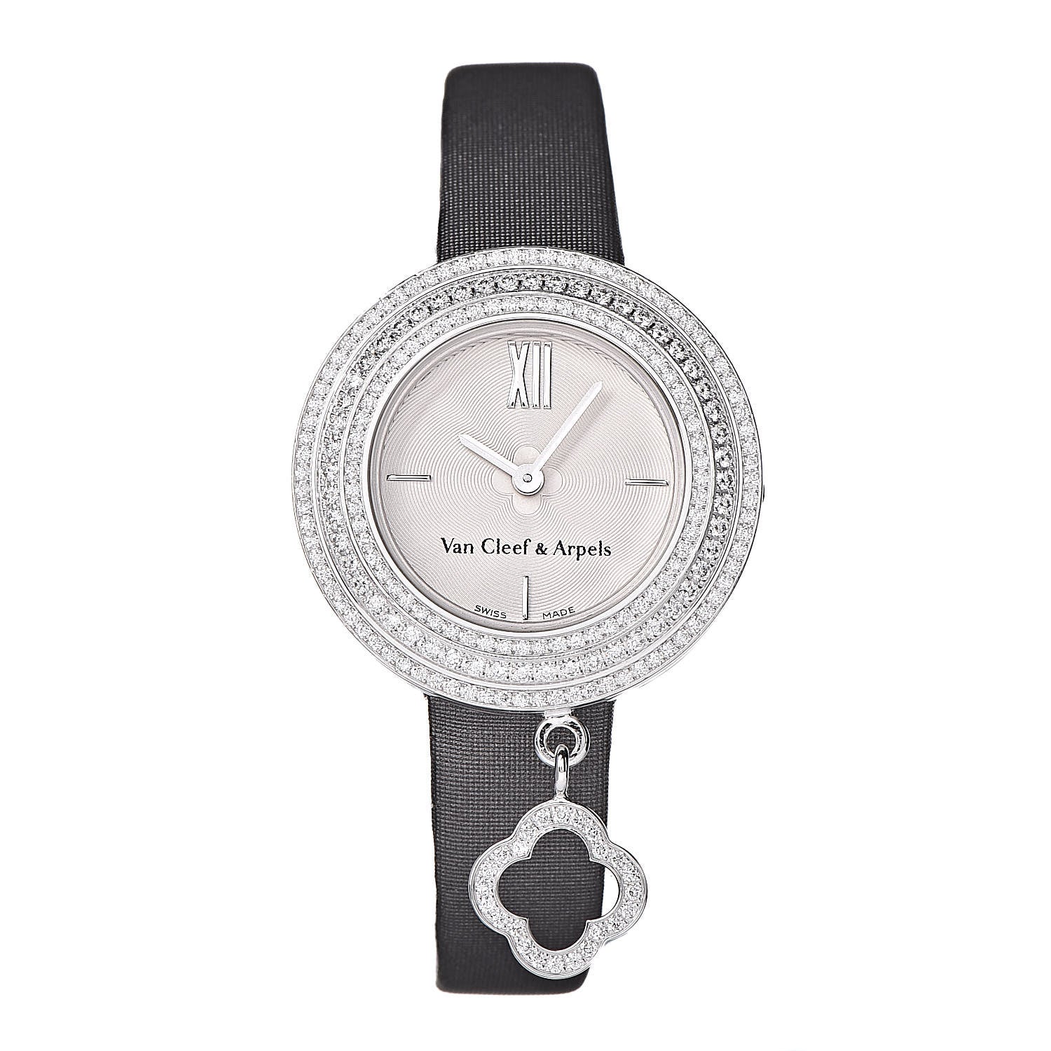 Van Cleef & Arpels 18K White Gold Satin Diamond Pave Bezel 25mm Charms Quartz Watch 1 of 11