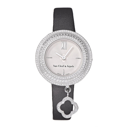 Van Cleef & Arpels 18K White Gold Satin Diamond Pave Bezel 25mm Charms Quartz Watch 1 of 11
