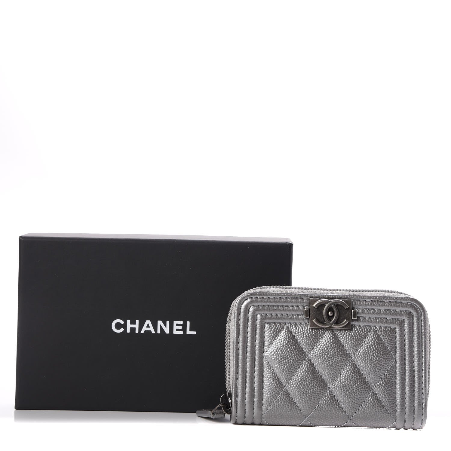 Chanel Metallic Caviar Quilted Boy Zip Around Coin Purse Wallet Silver 9 of 9