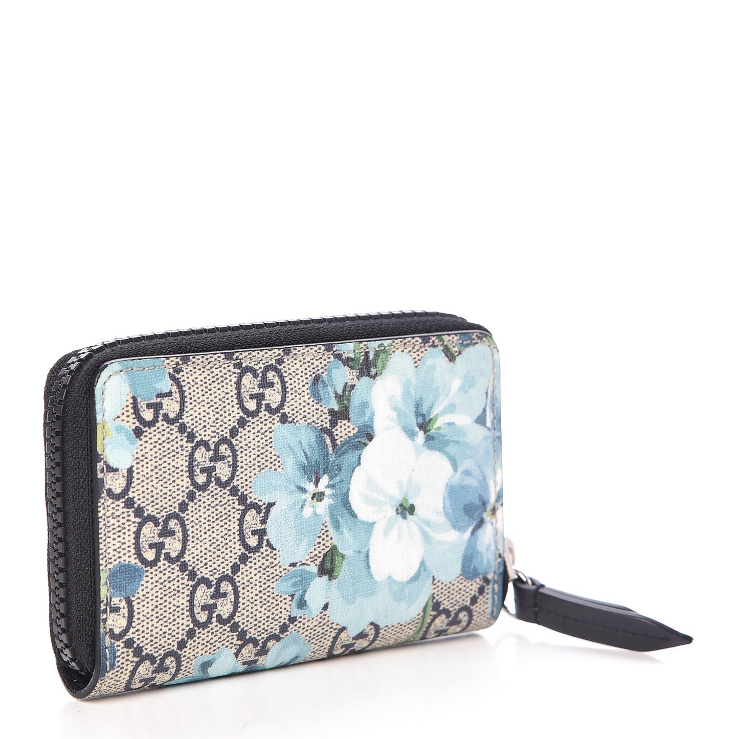 GG Supreme Monogram Blooms Zip Around Card Case Wallet Beige Blue Navy