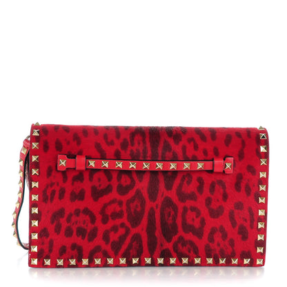 Valentino Garavani Calf Hair Leopard Print Rockstud Wristlet Clutch Red 1 of 8
