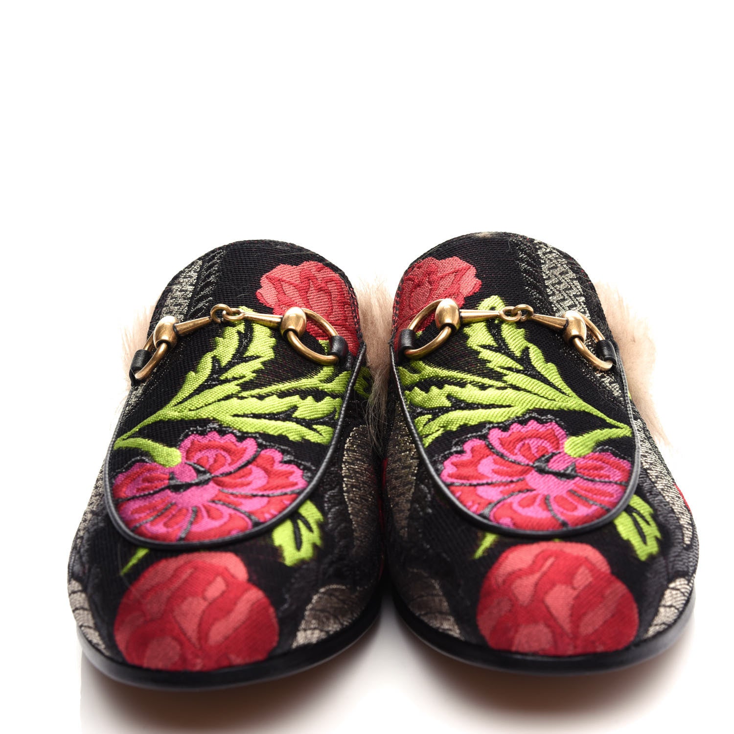 Gucci Brocade Fur Floral Womens Princetown Slippers 36 Black Anthracite 5 of 10