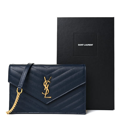 Saint Laurent Grain De Poudre Matelasse Chevron Monogram Envelope Chain Wallet Navy 15 of 15