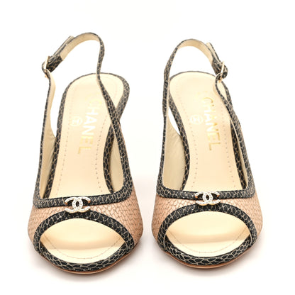 Chanel Calfskin Mesh Pearl CC Peep Toe Slingback Pumps 36 Salmon Black 3 of 9