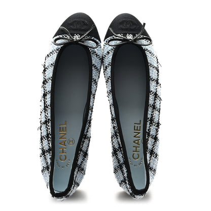 Chanel Tweed Grosgrain Cap Toe Ballerina Flats 39.5 Light Blue Black 2 of 10