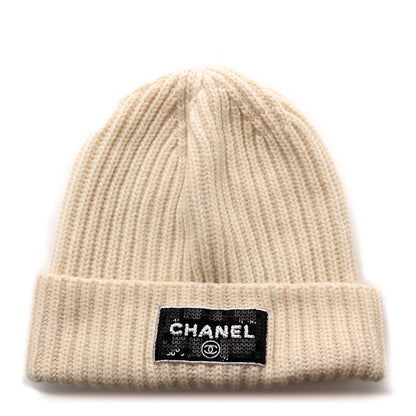 Chanel Cashmere Beaded Sequin Logo Beanie Hat Ivory Black 1 of 5