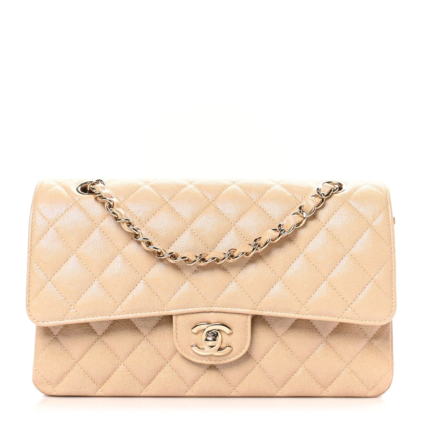 Iridescent Caviar Quilted Medium Double Flap Beige