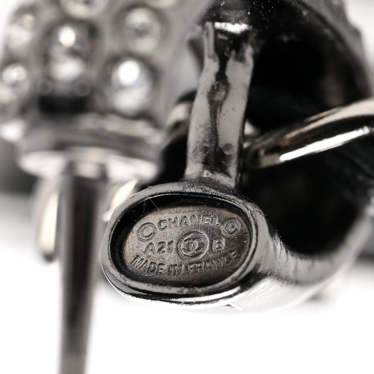 Ruthenium Lambskin Crystal CC Dangle Earrings Silver Black