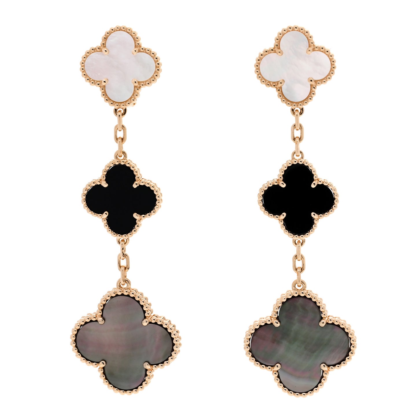 18K Yellow Gold Mother of Pearl Black Onyx 3 Motifs Magic Alhambra Earrings