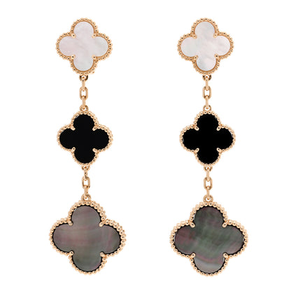 Van Cleef & Arpels 18K Yellow Gold Mother of Pearl Black Onyx 3 Motifs Magic Alhambra Earrings 1 of 5