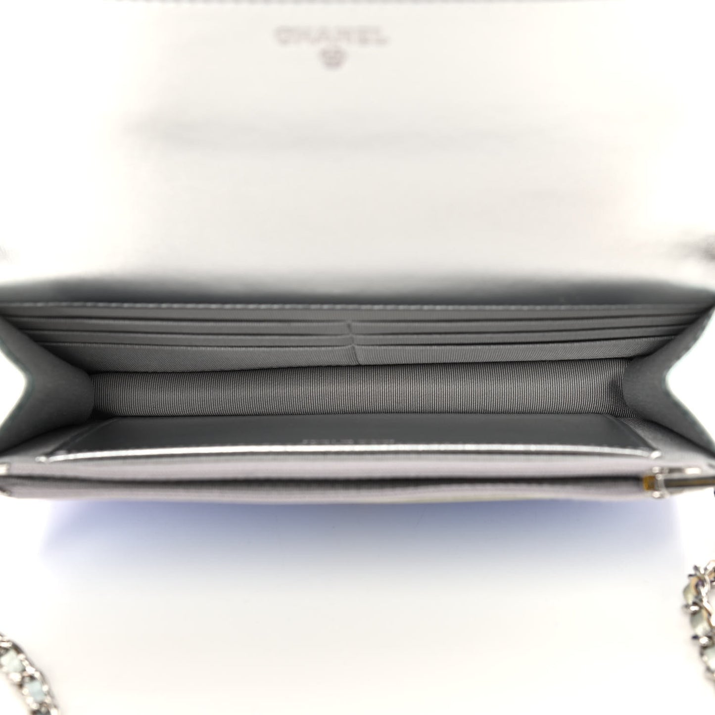 Gradient Metallic Calfskin Quilted Wallet On Chain WOC Silver Blue Yellow Purple