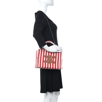 Celine Canvas Calfskin Striped Triomphe Small Cabas Thais Natural Red 2 of 9