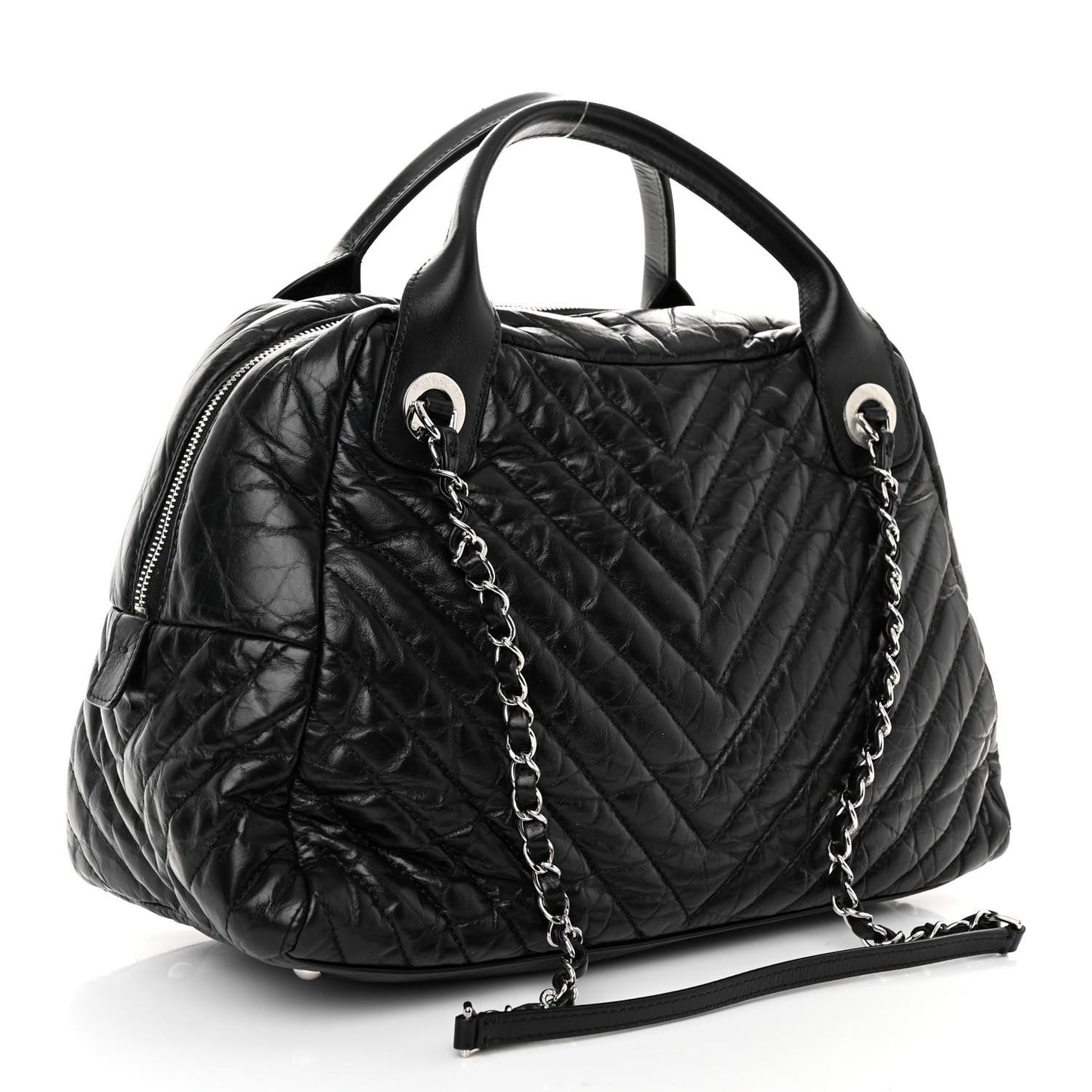 Aged Calfskin Chevron Medium Soft Bowling Bag Black
