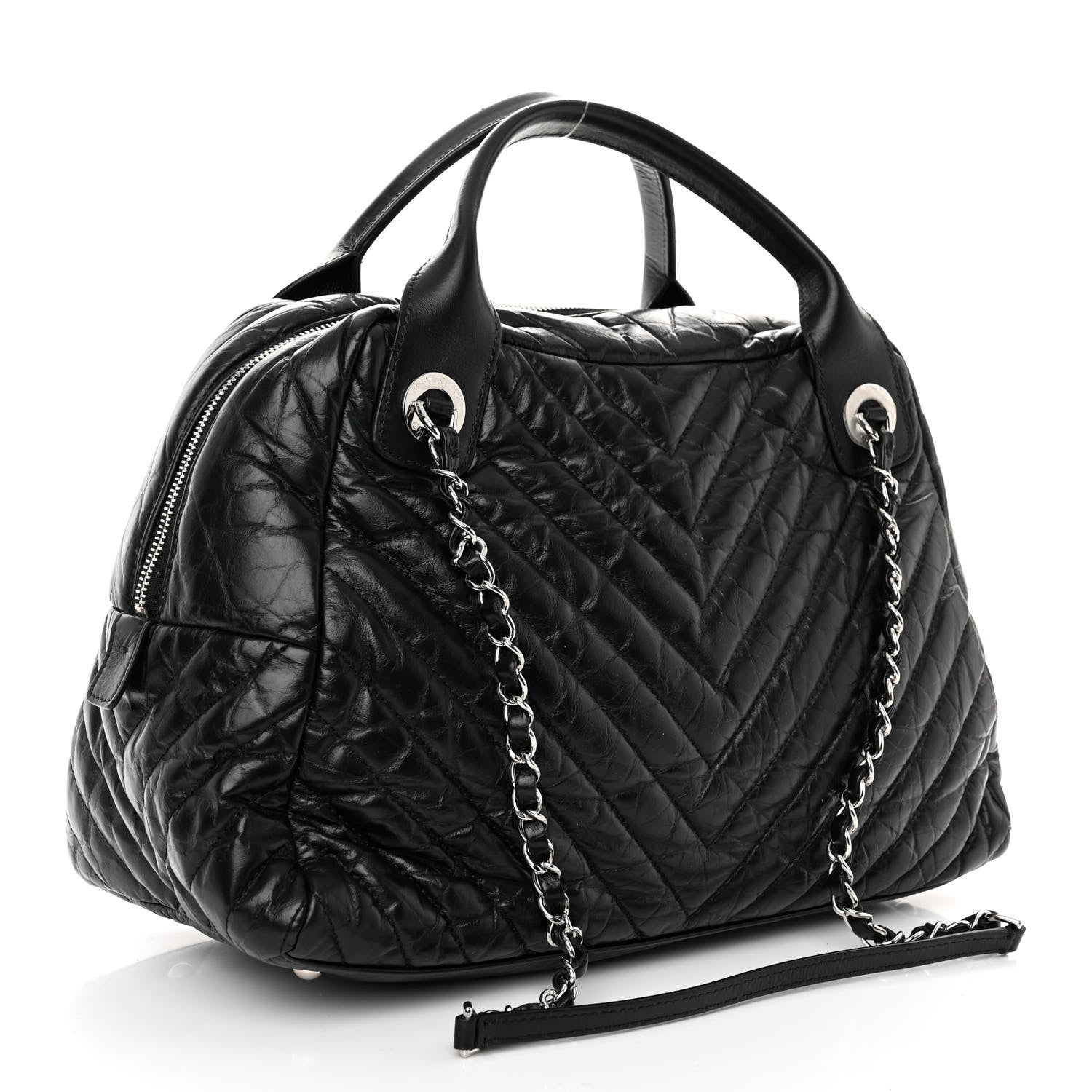 Chanel Aged Calfskin Chevron Medium Soft Bowling Bag Black 3 of 9