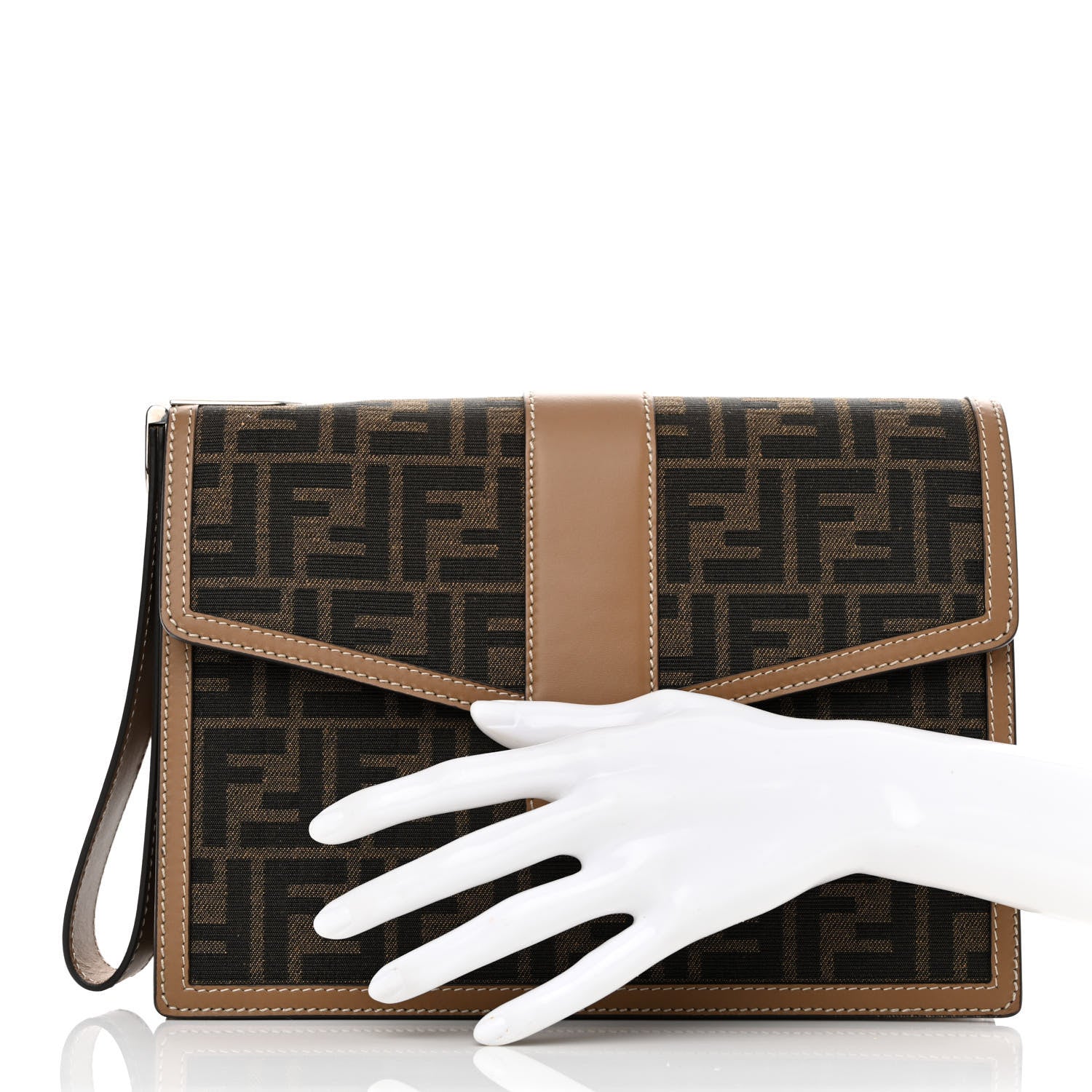 Fendi Recycled Fabric Jacquard Vitello King FF 1974 Soft Trunk Flap Clutch Tobacco Moro Sand 2 of 11
