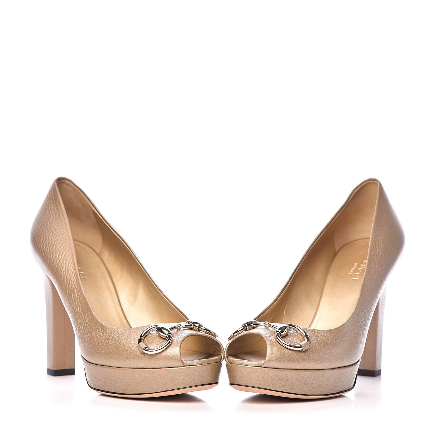 Metallic Soft Cellarius Calfskin Horsebit Platform Peep Toe Pumps 38 Champagne