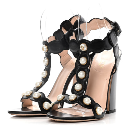 Gucci Nappa Willow Pearl T-Strap Sandals 38 Black 3 of 14