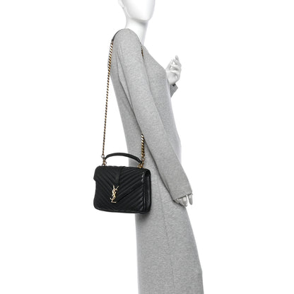 Saint Laurent Sheepskin Matelasse Chevron Monogram Medium College Bag Black 2 of 11