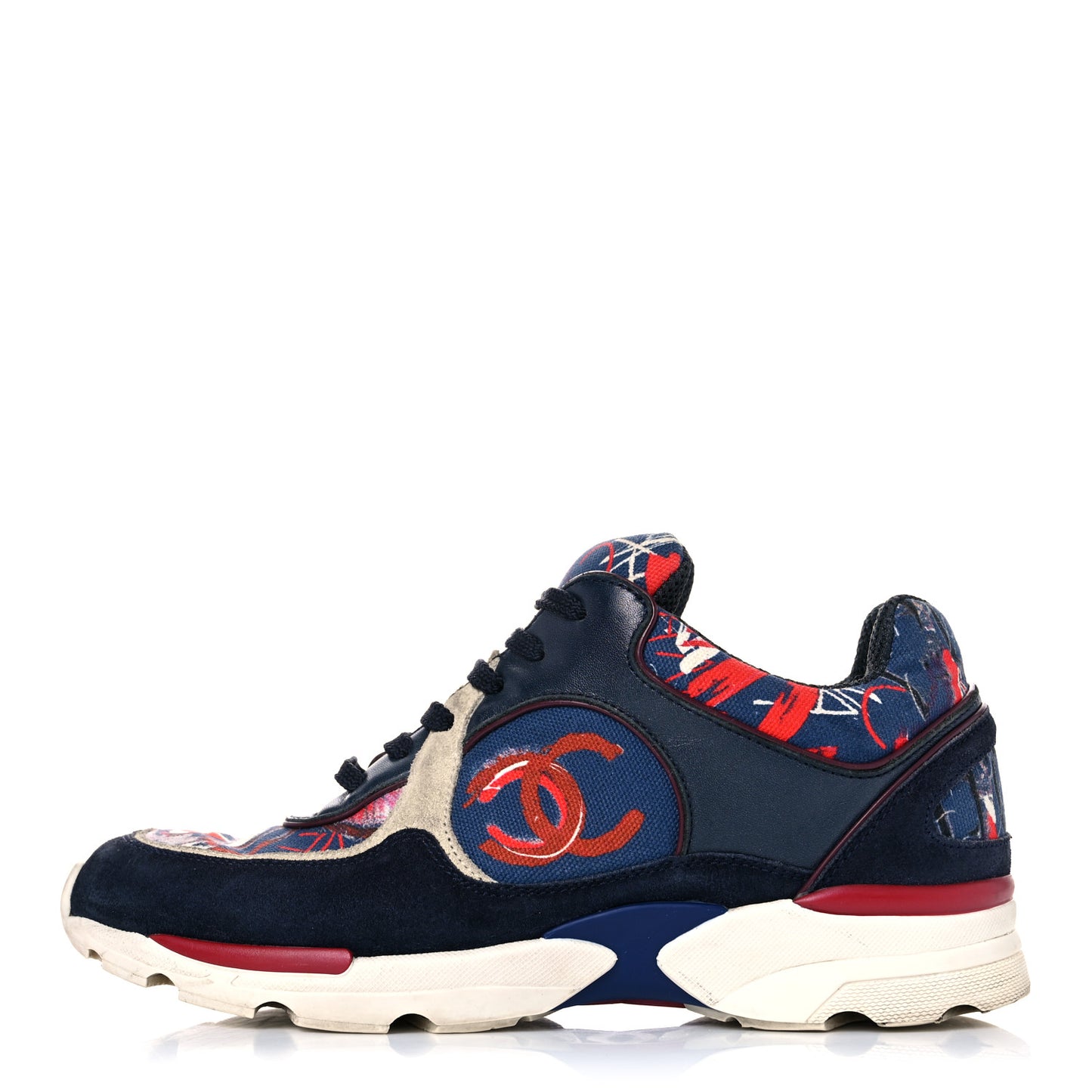 Canvas Suede Calfskin Womens CC Sneakers 35.5 Navy Red Black