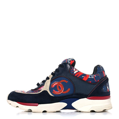 Chanel Canvas Suede Calfskin Womens CC Sneakers 35.5 Navy Red Black 1 of 14