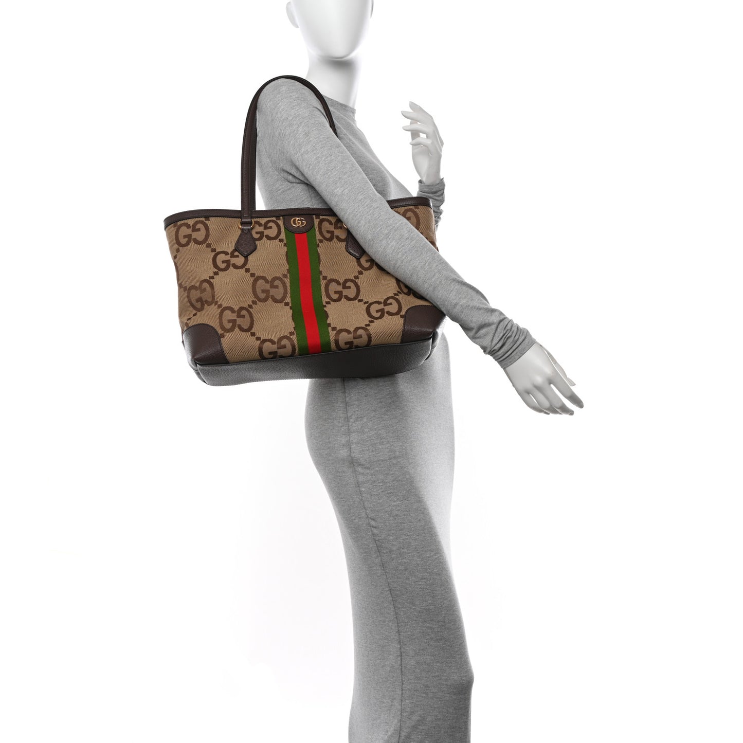 Monogram Jumbo GG Textured Dollar Calfskin Web Medium Ophidia Shopping Tote Camel Ebony