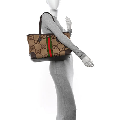 Gucci Monogram Jumbo GG Textured Dollar Calfskin Web Medium Ophidia Shopping Tote Camel Ebony 2 of 10