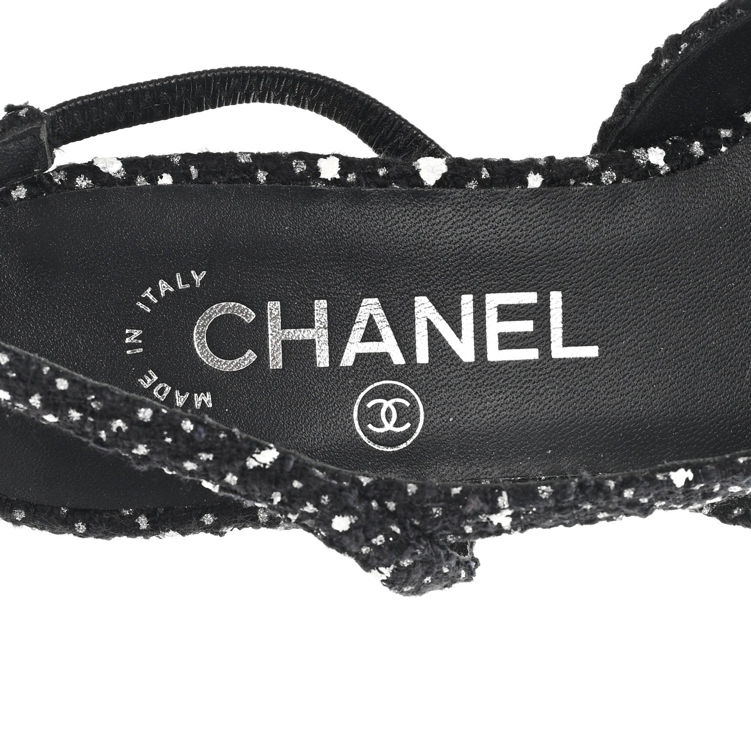 Chanel Tweed Polkadot Grosgrain Cap Toe CC Slingback Pumps 36 Black White Silver 8 of 9