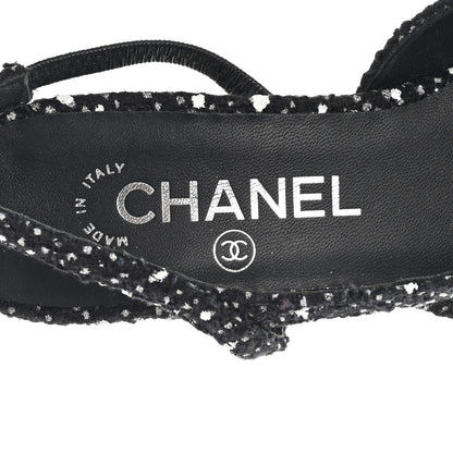 Chanel Tweed Polkadot Grosgrain Cap Toe CC Slingback Pumps 36 Black White Silver 8 of 9