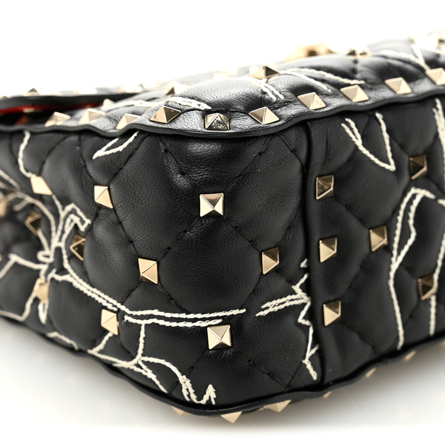 Nappa Embroidered Floral Medium Rockstud Spike Shoulder Bag Black Red