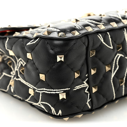 Valentino Garavani Nappa Embroidered Floral Medium Rockstud Spike Shoulder Bag Black Red 9 of 10