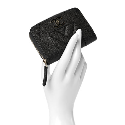 Chanel Metallic Caviar Chevron Quilted Vintage Mademoiselle Zip Coin Purse Black 2 of 10