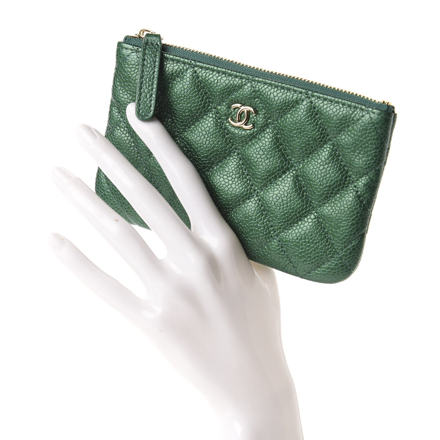 Metallic Caviar Quilted Small Cosmetic Case Green