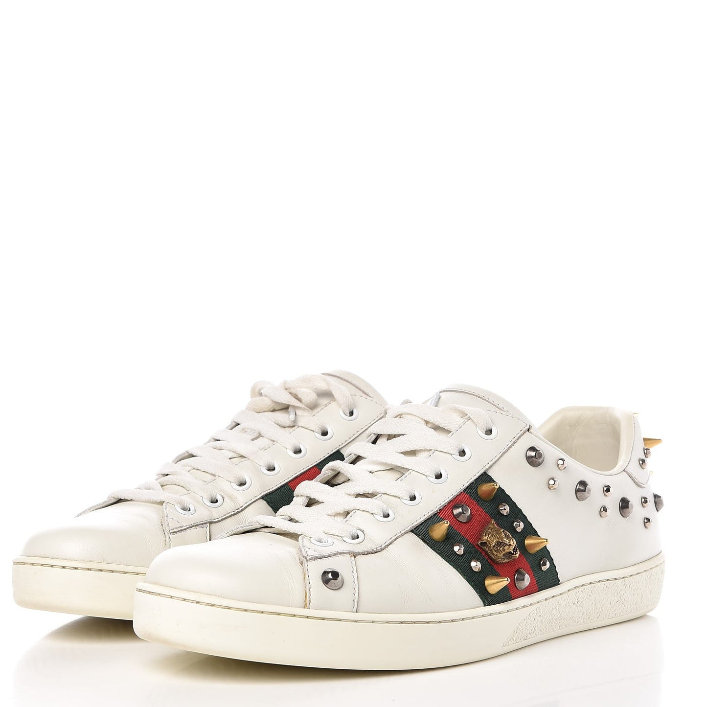 Mens Calfskin Web Studded Ace Sneakers 9 White