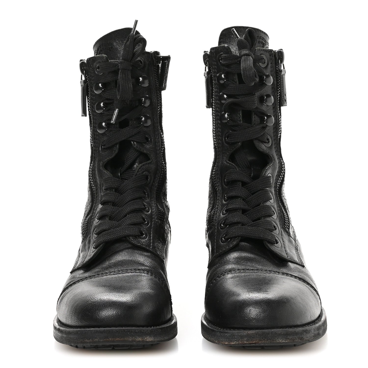 Chanel Sheepskin Quilted CC Tall Lace Up Combat Boots 38.5 Black 3 of 8