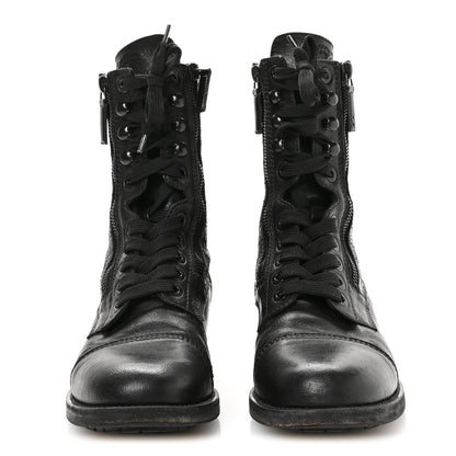 Chanel Sheepskin Quilted CC Tall Lace Up Combat Boots 38.5 Black 3 of 8