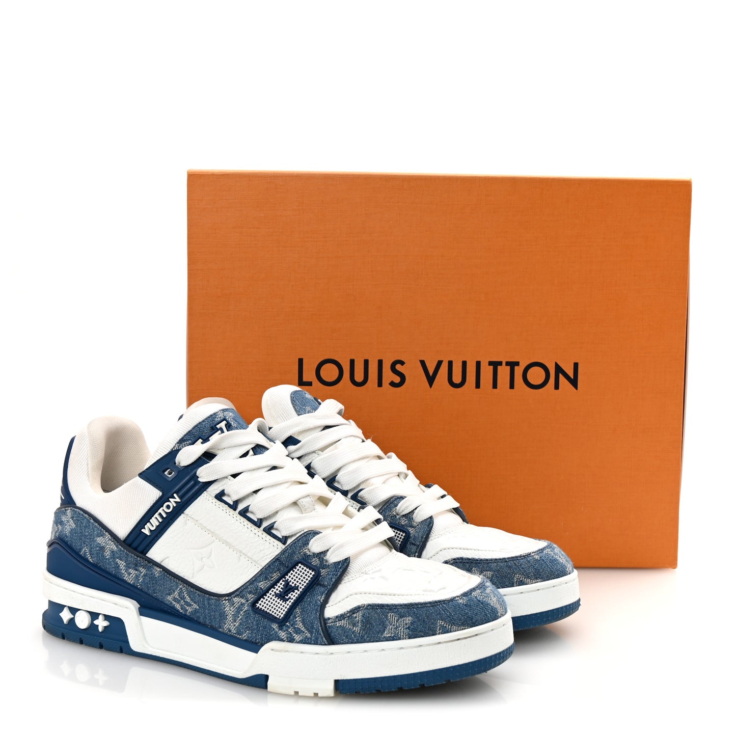 Calfskin Embossed Monogram Denim Mens LV Trainer Sneakers 8 Blue