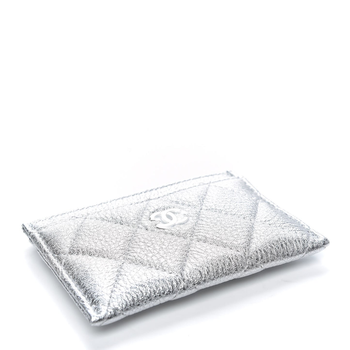 Metallic Lambskin Quilted Card Holder Silver